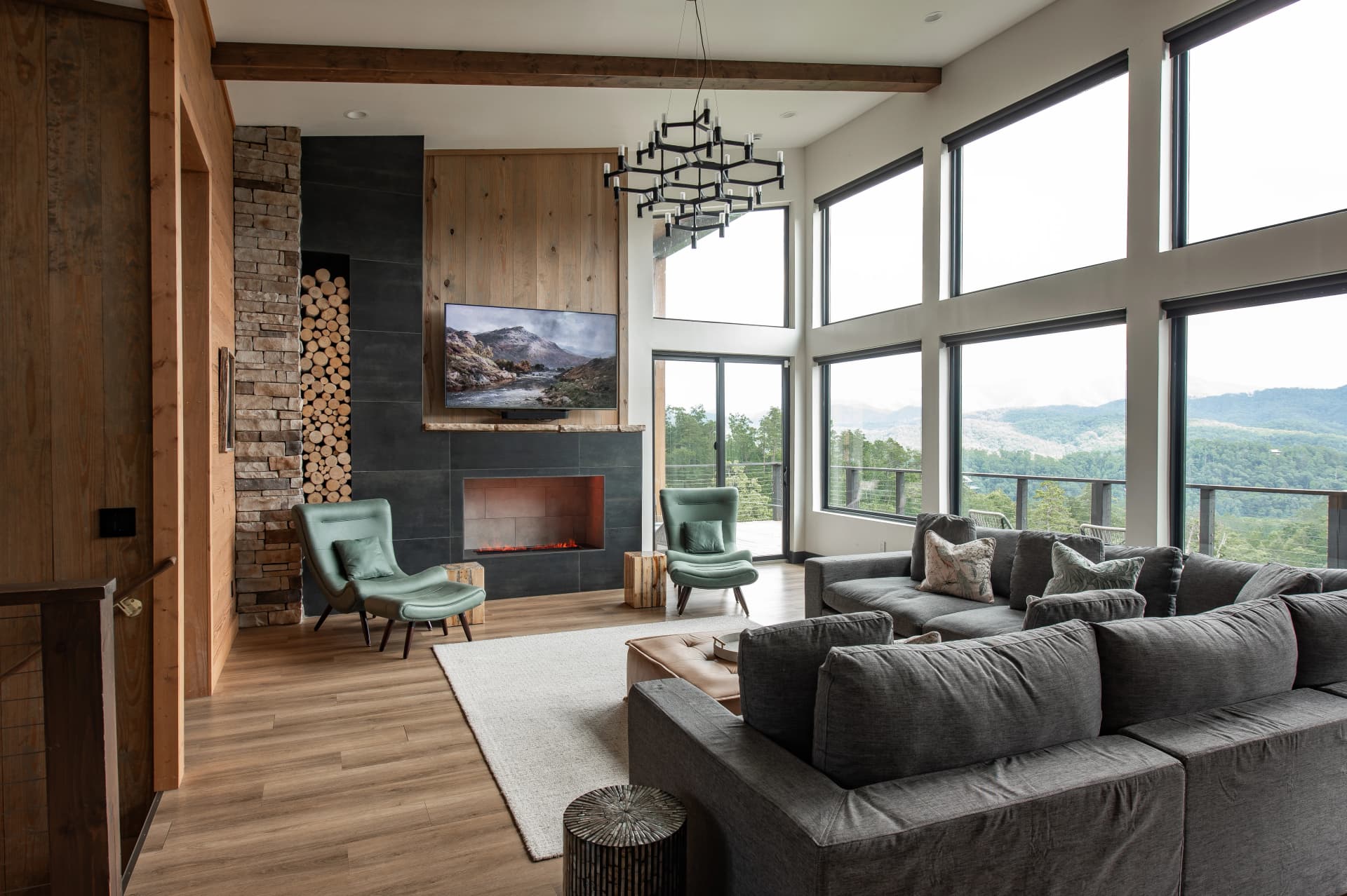 Modern Cabin Living Room Mountain Views